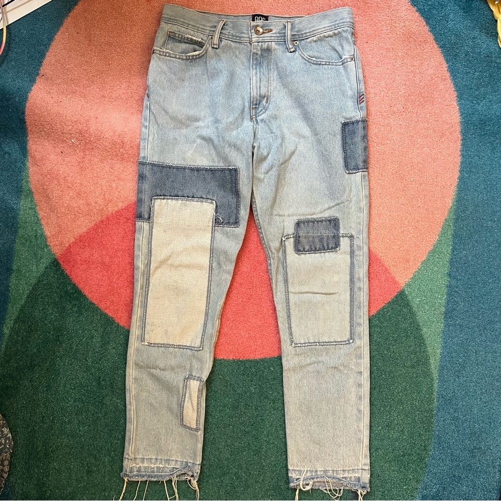 BDG Patchwork Jeans Dad Slim Taper Fit Raw Hem Denim Blue Men’s Urban Outfitters